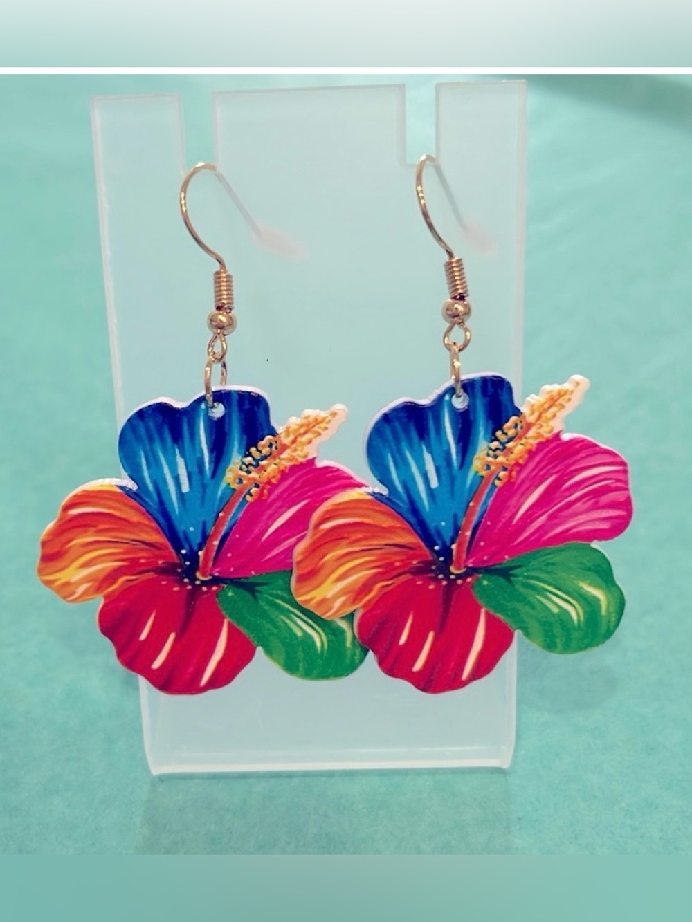 🌺 Colorful Tropical Hibiscus Flower Dangle Earrings NWT